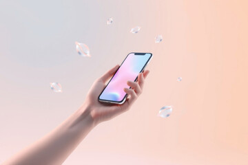 Hand and Smart Phone: A sleek smart phone, held gracefully in a hand against a soft, gradient background with floating objects, representing modern connectivity and technological innovation. 