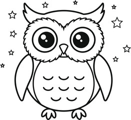 PrintCute cartoon owl illustration with big eyes, simple line art design, adorable night scene featuring stars, perfect for children’s coloring pages