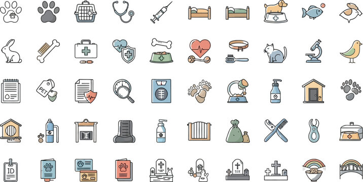 Collection of charming hand-drawn icons representing veterinary care and pet services.
