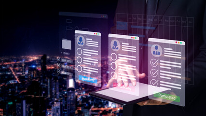 Digital interface displaying project tasks under Work Items, Processing, and Completed categories with Gantt chart timeline visualization Parse