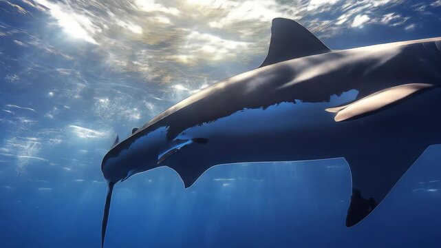 Shark swimming in clear ocean, light rays penetrate from surface
