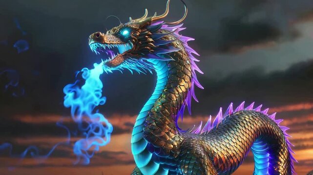 Majestic Dragon Breathing Blue Fire Against Dramatic Sky.