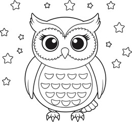 Fototapeta premium PrintCute owl illustration, whimsical night scene, adorable cartoon bird artwork, starry sky background, kids coloring page style, charming forest animal design