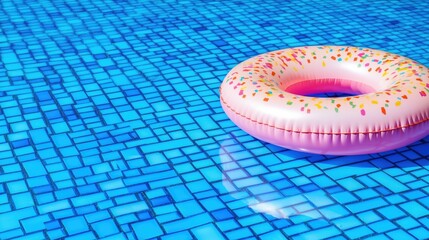 Pink donut float in a blue tiled pool