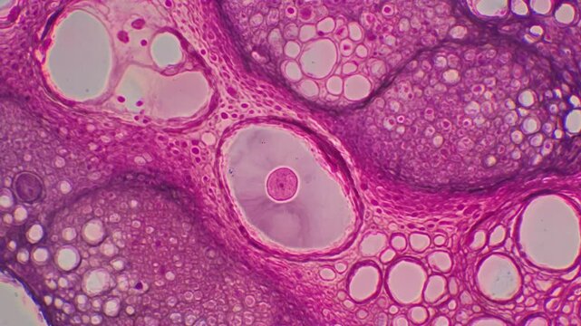 High-magnification micrograph of a primary oocyte within a developing ovarian follicle, stained pink and purple for histological study.