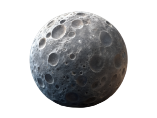 Detailed moon surface with craters isolated on transparent background render