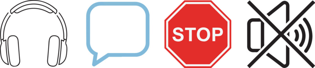 Outline Icons: Headphones, Chat Bubble, Stop Sign, Mute Symbol