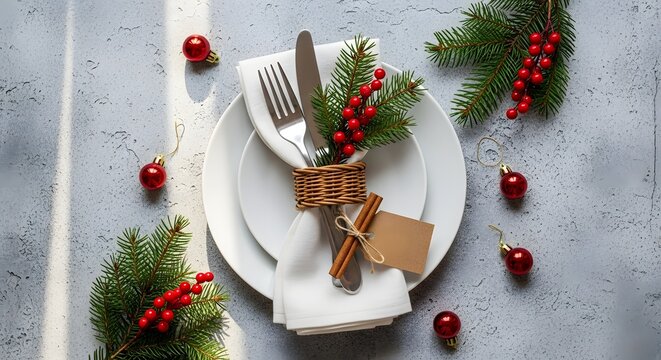 Elegant christmas table setting with festive greenery and berries