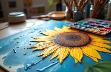 Close up view of vibrant sunflower painting on blue canvas. Textured yellow petals, thick paint drops show artistic process. Paintbrushes, watercolor palette, art supplies on table in creative studio.