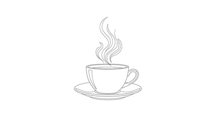 Stylized line art illustration of a steaming cup of coffee on a saucer isolated on white background