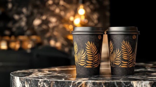 Two dark cups with gold leaf art sit on a marble table, soft-focus background
