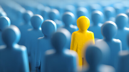 Fototapeta premium Minimalist conceptual art of individuality featuring a single yellow figure amidst blue figures