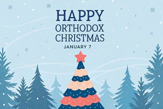 Happy Orthodox Christmas January 7 Greeting With Star On Tree In Snowy Forest

