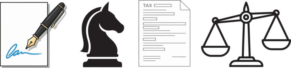 Flat Icon Set Representing Law, Business, and Strategy