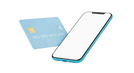 A modern smartphone with a blank screen next to a light blue credit card, isolated on transparent background