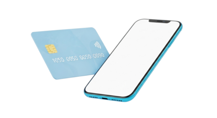 A modern smartphone with a blank screen next to a light blue credit card, isolated on transparent background