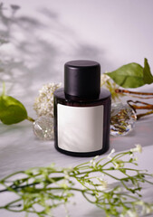 Dark Perfume Bottle With Blank Label Surrounded by aesthetic background, minimalist still life perfect for fragrance branding and beauty campaigns