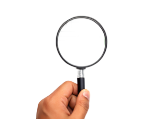 Hand holding magnifying glass isolated on transparent background for searching