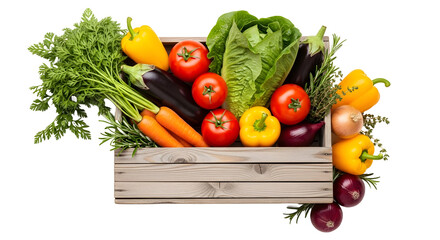 fresh vegetables in wooden crate isolated on white backdrop on a white background PNG file/...,/