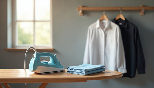 Iron and blue towels on board in room. Clothes hang on wooden rack near window. Ironing clothes concept presents household chores. Clean apparel after housework is over.