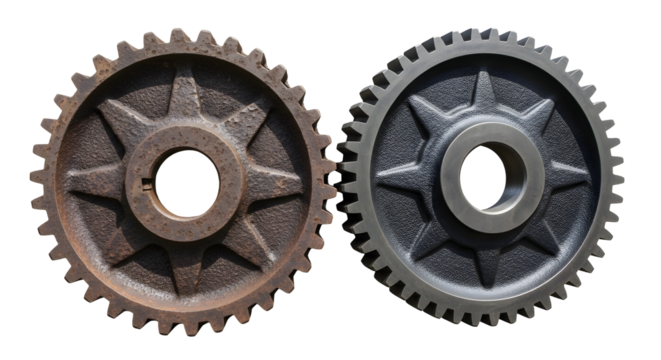 gears on white background Two metallic gears of different sizes with visible teeth on a plain white background png stock file.