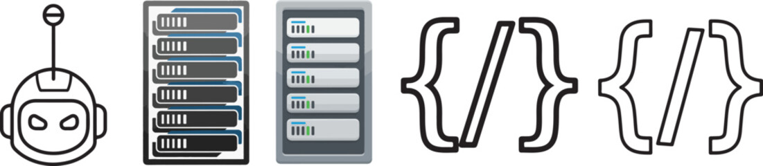 Icon Set: Robot, Servers, and Code Symbols