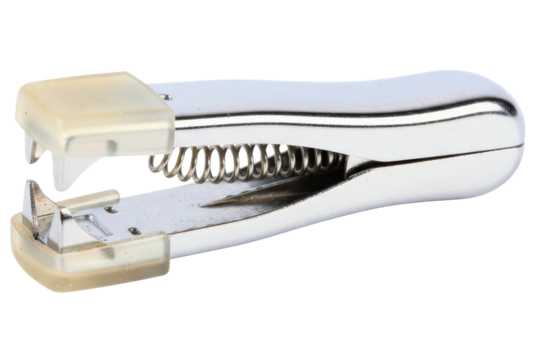 Metal staple remover office supply tool with spring mechanism isolated on a transparent background