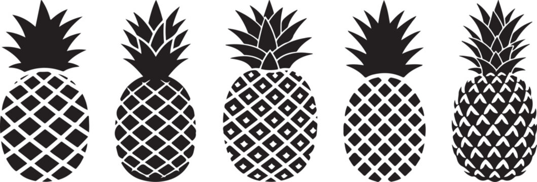 A row of five bold black vector silhouettes of pineapples in varying styles, perfect for tropical food, beverage, and summery graphic design elements