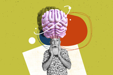 3d banner image pop photo collage of shocked old man stand big brain cortex organ contemplate plan ai innovation brainstorming