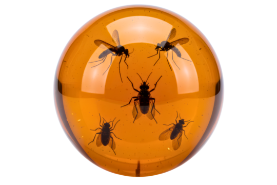 Ancient mosquitoes and flies preserved in spherical amber resin isolated on a transparent background