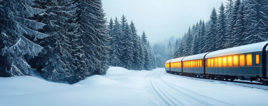 Christmas train travels through snowy winter forest with glowing windows creating magical festive holiday atmosphere in cold landscape