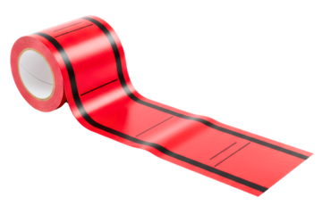 Roll of red pricing sticker tape with black markings isolated on a transparent background