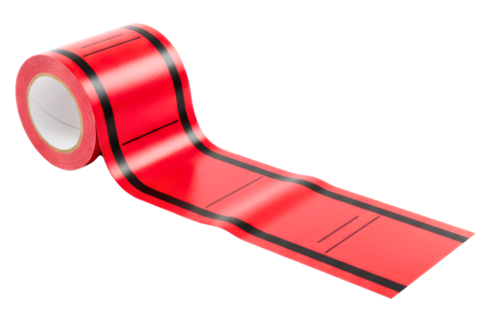 Roll of red pricing sticker tape with black markings isolated on a transparent background