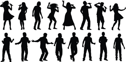 Collection of black silhouettes showing men and women singing with microphones and dancing, isolated on white background, vector illustration.
