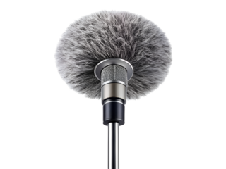 Professional microphone with furry windscreen isolated on transparent background, audio equipment