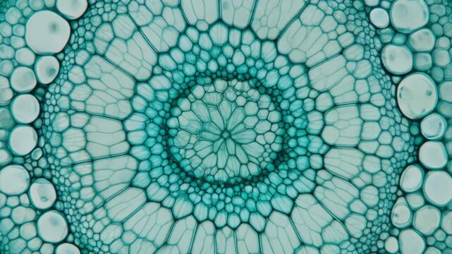 Microscopic view of a plant stem's cross-section showing vascular bundles and cellular structure.