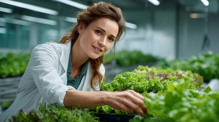 Happy woman technician tending lush green lettuce plants in an advanced indoor vertical farming facility, showcasing sustainable agriculture