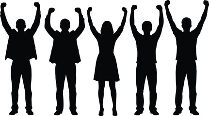 Silhouette of group of people standing with arms raised up, men and woman celebrating victory together isolated on white background