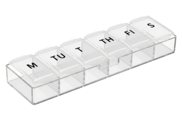 Transparent seven-day pill organizer box for daily medicine isolated on a transparent background