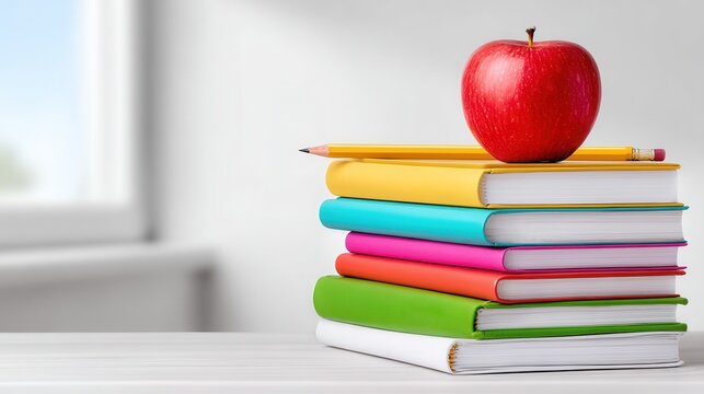A vibrant stack of colorful books topped with a red apple and a yellow pencil, ideal for educational themes and back-to-school concepts. - Powered by Adobe