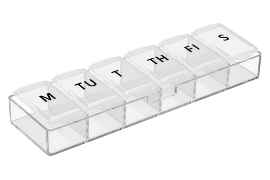 Transparent seven-day pill organizer box for daily medicine isolated on a transparent background