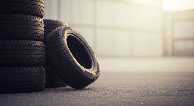 Stack of car tires in a garage with single tire rolling. Automotive service, seasonal tire change, and vehicle maintenance concept for winter.