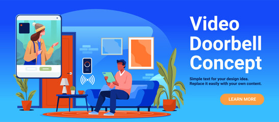 Obraz premium Video doorbell concept smart home security man monitors visitor on tablet modern living room interior wireless technology device blue background