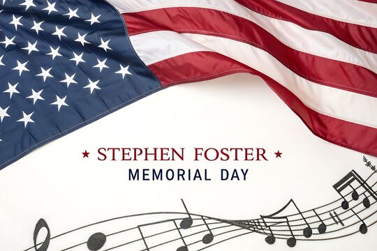 Stephen Foster Memorial Day Tribute With American Flag And Musical Notes

