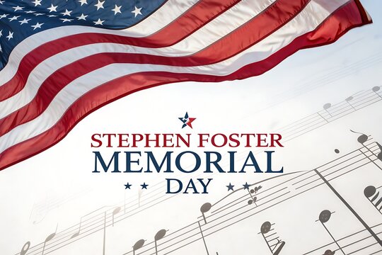 Stephen Foster Memorial Day Tribute With American Flag And Musical Notes


