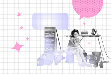 3d banner image pop photo collage of minded housemaid girl sit household chores supplies bubble...