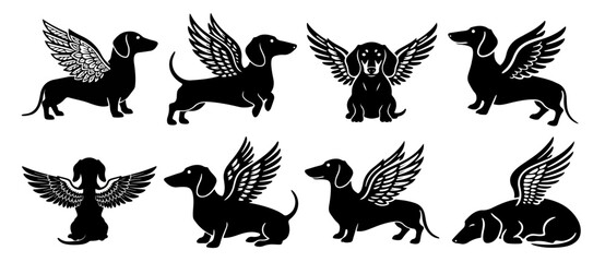 Dog Angel, Dachshund Angel silhouette in different poses.