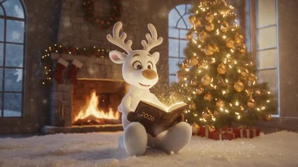  A cute animated reindeer joyfully reads a magical glowing book labeled “2026” beside a sparkling Christmas tree and cozy fireplace. - Powered by Adobe