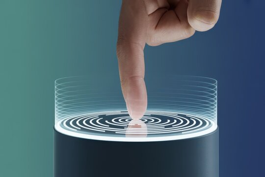 A human finger activating a futuristic touch interface with a glowing fingerprint scan