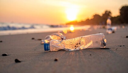 夕日を浴びた砂浜に残されたゴミが環境汚染の実態を映す風景